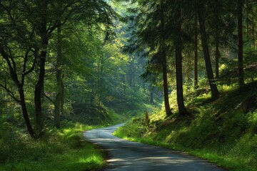 Fototapeta premium Winding road through a lush green forest invites peaceful journeys under dappled sunlight in a serene landscape
