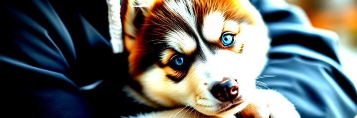 Beautiful husky puppy cuddled in an embrace showing striking blue eyes in an outdoor setting - High Contrast