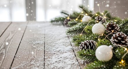 Illustration of christmas fir branches with pine cones, baubles and fairy lights on a wooden table with snow