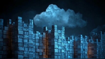 Massive abstract fortress of stacked documents and files under dramatic stormy clouds, symbolizing data security, information overload, or bureaucratic challenges in a modern digital age.