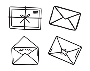 Mail envelopes line art clipart set with open and closed letters, monochrome collection, hand drawn.