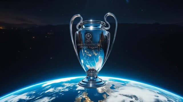 Silver Champions League Trophy on Earth at Night. 4k video