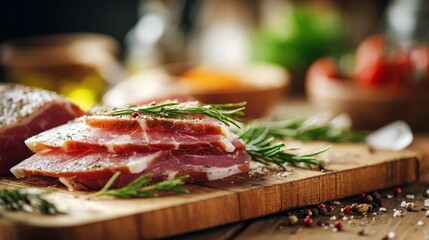 Succulent cured meat slices artfully arranged with fresh rosemary sprigs and vibrant peppercorns on a rustic wooden board, promising culinary delight and gourmet appeal for food enthusiasts and chefs.