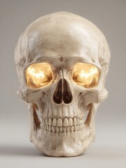 Obraz premium A human skull model features glowing eyes that illuminate the details of its structure, presented with a soft, neutral background for artistic effect.