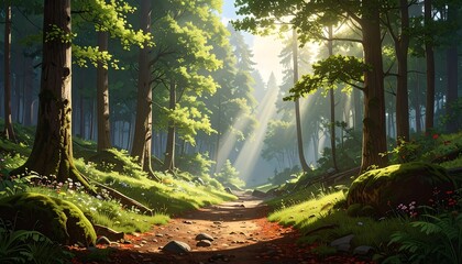 A sunlit woodland path winds through a vibrant forest filled with lush greenery and dappled sunlight.