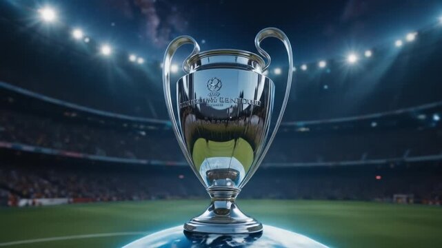 Silver Champions League Trophy on Earth at Night. 4k video