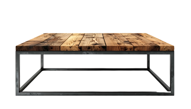 Rustic rectangular coffee table featuring a wooden tabletop composed of reclaimed planks.