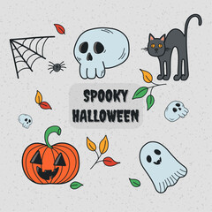 Happy Halloween element set, background vector. Cute groovy spooky ghost, pumpkin, skull, spider, web, black cat. Hand drawn adorable festival illustration in doodle style for decoration, prints. 
