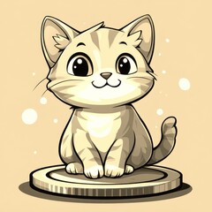 Cute cartoon cat sitting proudly on a coin with a playful expression on a background