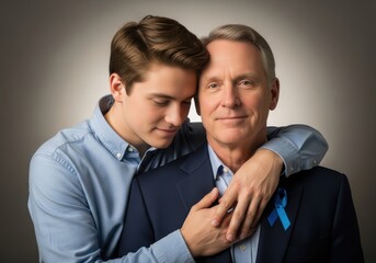 supportive son embracing his senior father wearing blue ribbon. prostate cancer awareness month. family love, support and health care concept.