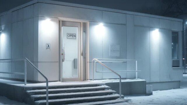 Contemporary public building entrance at night with bright exterior lights, open sign on glass door, snowy steps, minimalist architecture, highlighting winter urban environment, modern cityscape