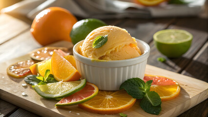 A refreshing scoop of vibrant orange sherbet served in a chilled white ceramic bowl, nestled on a warm, rustic wooden tabletop