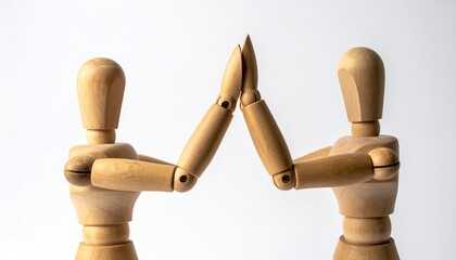 Wooden mannequins interacting with each other 