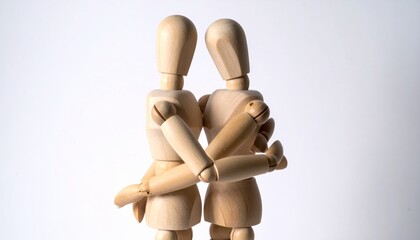 Wooden mannequins interacting with each other 
