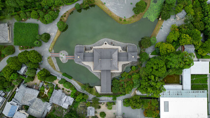 Temple complex in a Japanese village, seen from above