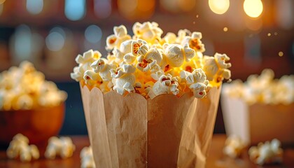 A paper popcorn container overflows with fluffy, golden popcorn, bathed in warm, inviting light.