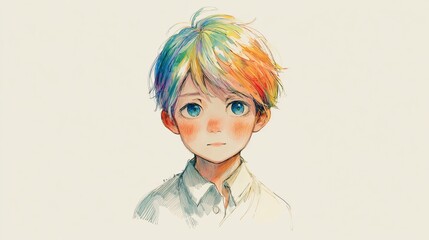 Portrait of a child with rainbow hair and a subtle background, suitable for social media