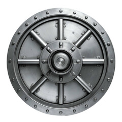 Obraz premium A detailed, shot showcases a large, metallic, and intricately designed vault door, presenting a robust and secure aesthetic with a central locking mechanism surrounded by radial support beams.