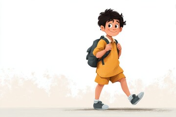Happy Indian school boy joyfully walking with a backpack in a bright, cheerful cartoon style during a sunny day outside