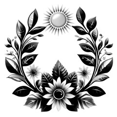 sun and flowers surrounded by lush leaves create a cheerful botanical design
