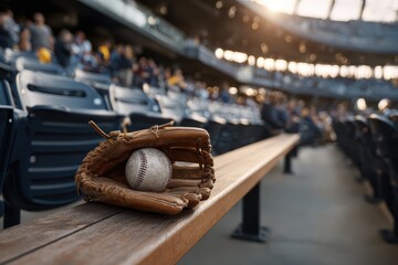 Baseball glove and ball resting on a wooden bench in a lively stadium during an afternoon game with fans in the background
