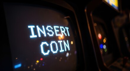 A close up of an arcade game screen displaying the words insert coin in bright blue letters