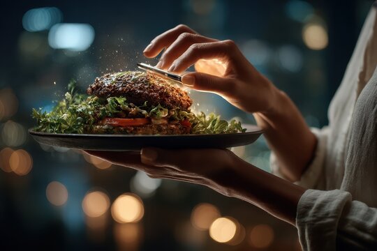 Realistic man using food delivery app to order gourmet burger at night with city lights in background, emphasizing modern food technology and culinary delights