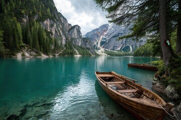 Lake Braies landscape showcases crystal clear turquoise waters and serene wooden boats surrounded by majestic mountains in a tranquil Italian setting