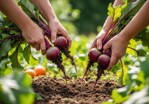 diverse hands harvesting fresh organic red beets with leafy greens from rich soil. concept of teamwork, farming, and healthy, sustainable lifestyle. - Powered by Adobe