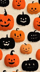 Colorful pumpkins in various expressions scattered on a light background for Halloween decorations
