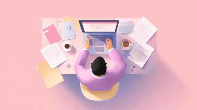 Top view of a professional man typing on a laptop with paperwork scattered around, emphasizing efficient workflow. Contemporary office environment with pastel tones and minimalistic design