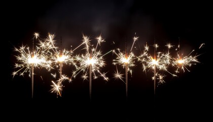 Several sparkly, golden sparklers against a dark background, their flames creating starbursts of light and smoke