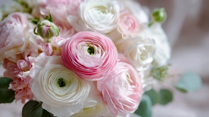 Obraz premium Delicate pastel ranunculus bouquet, perfect for weddings, celebrations, and romantic occasions, exuding elegance and natural beauty in a soft, dreamy composition.