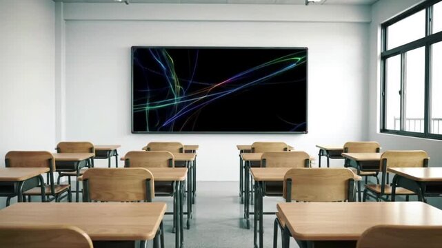 An empty classroom with desks and chairs, a large screen displaying abstract art, and a window.