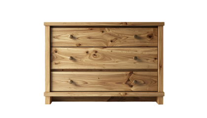 A three-drawer wooden chest of drawers is showcased against a stark black background, with a warm, inviting tone.