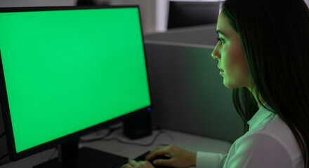 Modern businesswoman working late with green screen monitor for creative projects in a dynamic office, ideal for technology and advertising mockups