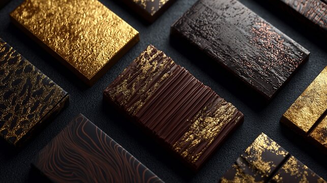 Exquisite close-up of various textured chocolate bars with gold accents