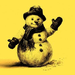 Snowman wearing hat and scarf greets winter with open arms in a snowy landscape