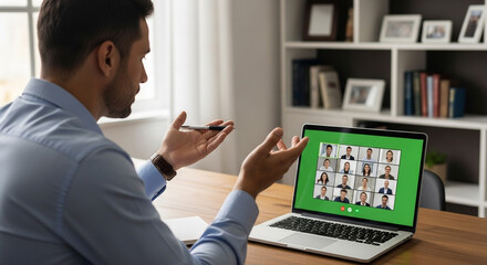 Professional businessman passionately leading a dynamic virtual team meeting on laptop in modern office, fostering collaboration and driving success
