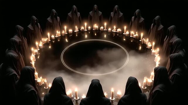  circle of faceless robed figures performing a ritual around glowing candles and a pentagram. faceless cult ritual, creepy faceless priests, spooky faceless coven, faceless horror