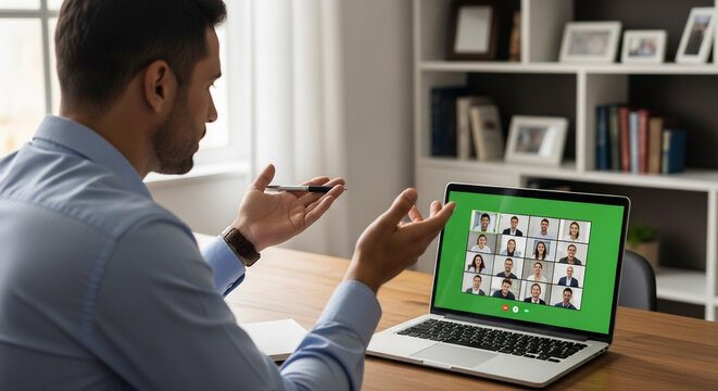 Professional businessman passionately leading a dynamic virtual team meeting on laptop in modern office, fostering collaboration and driving success
