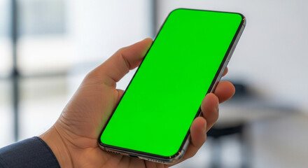 Engaging close up of a hand holding a modern smartphone with a vibrant green screen, ideal for showcasing app designs or mobile content in a professional way