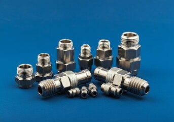 Pneumatic fittings and connectors arranged on a blue background showcasing industrial components