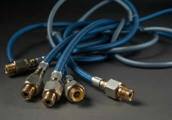 Pneumatic hoses with metal connectors arranged on a dark background showcasing industrial design