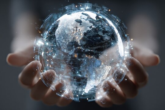 Globe of Earth held delicately in hands showcasing intricate details of continents and vibrant lights representing connectivity and technology