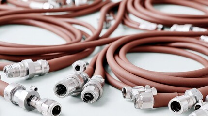 Pneumatic hoses with metal fittings arranged on a light surface showcasing industrial design elements