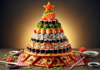  Christmas tree made from sushi and pizza. This unique holiday centerpiece features assortment of maki, nigiri, and pepperoni pizza. Festive appetizer platter perfect for Christmas party.