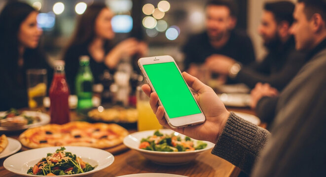 Using a smartphone with green screen at a relaxed dinner with friends, perfect for food app ads or social media mockups, joyful friendship