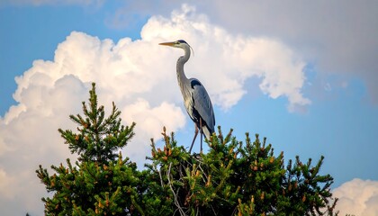 A stately grey heron perches atop a lush evergreen tree against a backdrop of fluffy clouds and a vibrant blue sky.