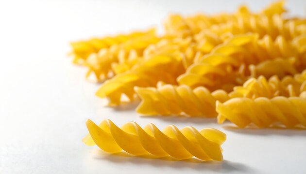Close-up view of uncooked spiral pasta, showcasing the detailed texture and vibrant golden hue against a bright white background.